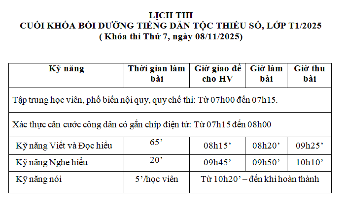 LỊCH THI  CUỐI KHÓA BỒI DƯỠNG TIẾNG DÂN TỘC THIỂU SỐ, LỚP T1/2025